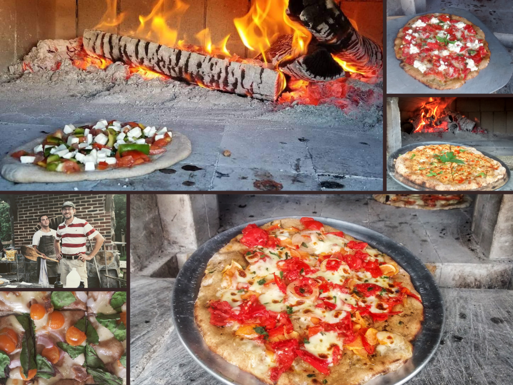 Variety of farm fresh brick oven pizza with brick oven and pizz makers