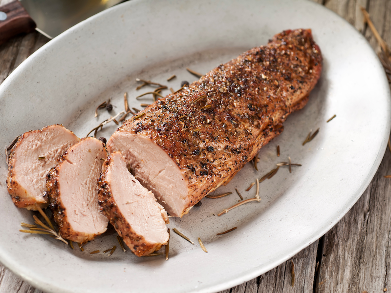 cooked pork loin in a dish